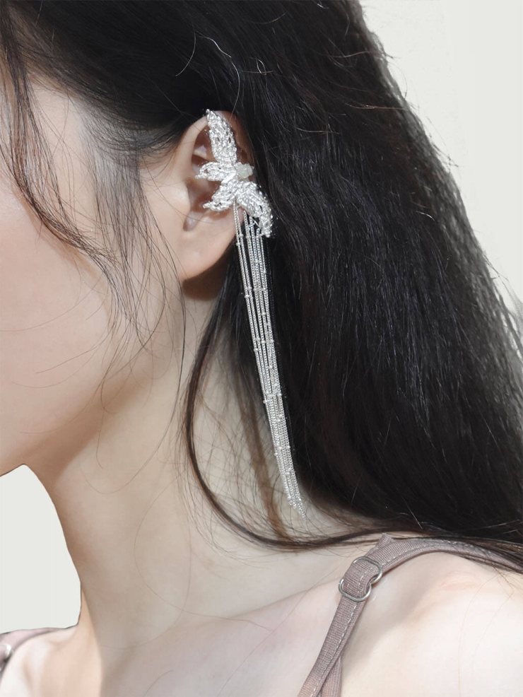 White butterfly  ear clip with tassel