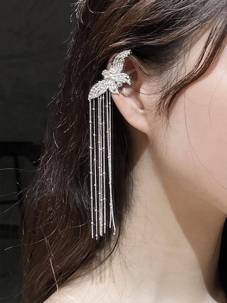White butterfly  ear clip with tassel