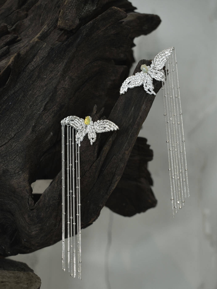 White butterfly  ear clip with tassel