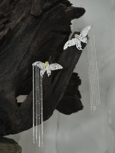 White butterfly  ear clip with tassel