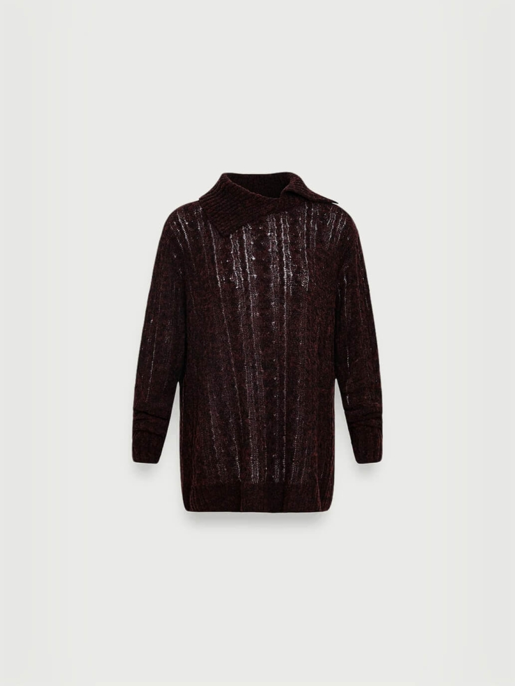 Black Burnt umber bouclé wool blend cable knitted jumper