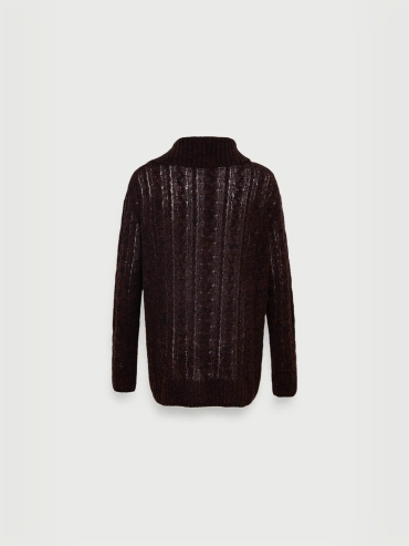 Black Burnt umber bouclé wool blend cable knitted jumper