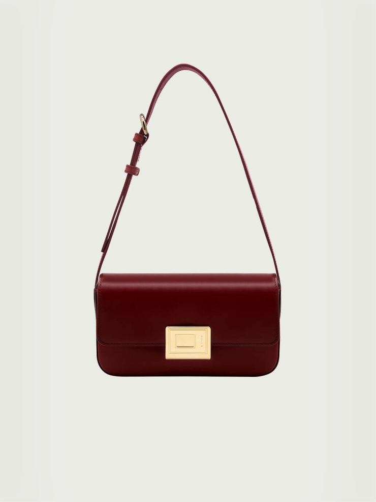 Burgundy Small Book Lock Baguette Bag
