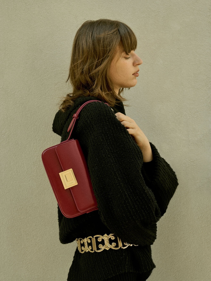 Burgundy Small Book Lock Baguette Bag