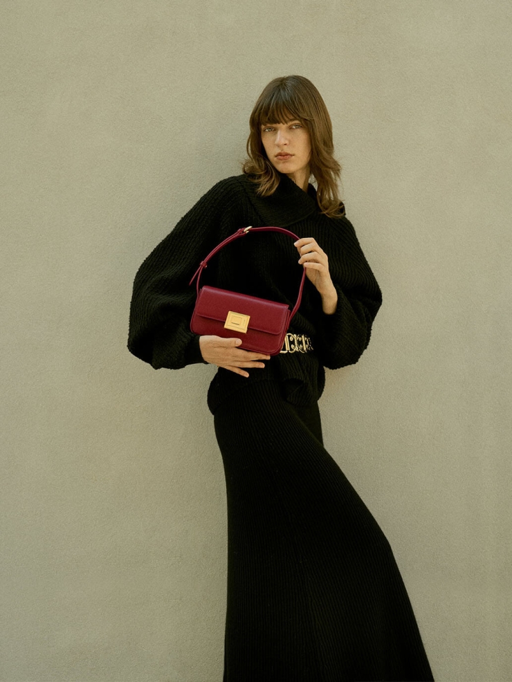Burgundy Small Book Lock Baguette Bag