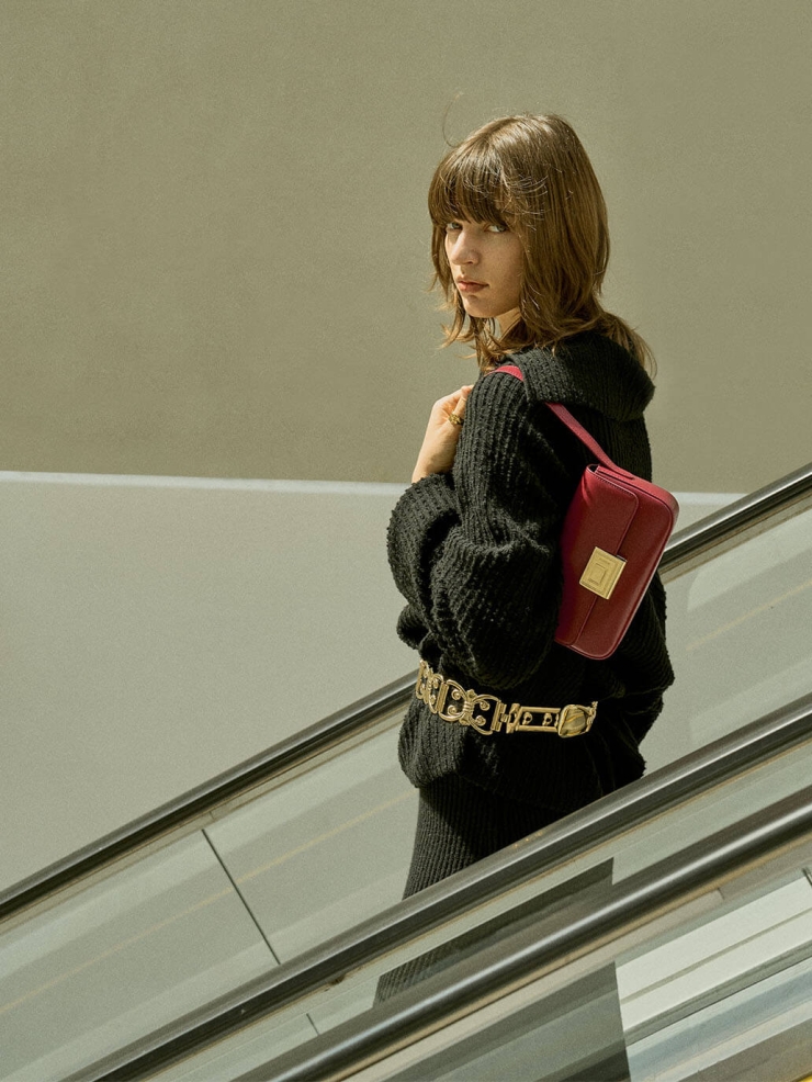 Burgundy Small Book Lock Baguette Bag
