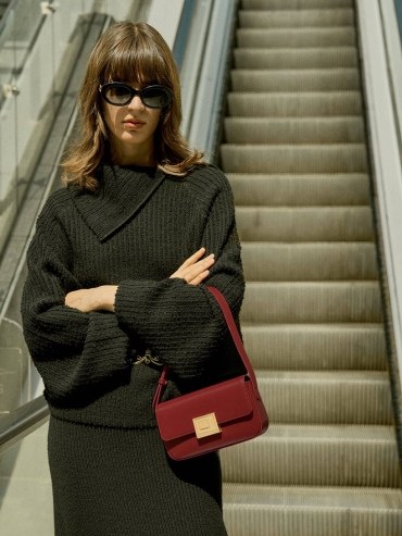 Burgundy Small Book Lock Baguette Bag