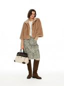 Khaki Cropped Faux Fur Jacket with Layered Sleeves