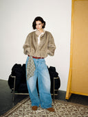 Khaki Cropped Faux Fur Jacket with Layered Sleeves