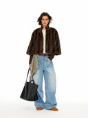 Brown Cropped Faux Fur Jacket with Layered Sleeves
