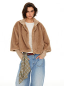Khaki Cropped Faux Fur Jacket with Layered Sleeves