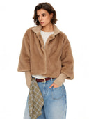 Khaki Cropped Faux Fur Jacket with Layered Sleeves