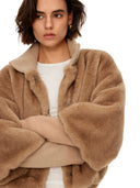 Khaki Cropped Faux Fur Jacket with Layered Sleeves