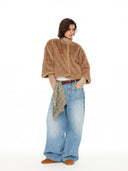 Khaki Cropped Faux Fur Jacket with Layered Sleeves