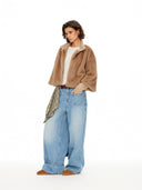 Khaki Cropped Faux Fur Jacket with Layered Sleeves