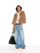 Khaki Cropped Faux Fur Jacket with Layered Sleeves