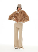 Khaki Cropped Faux Fur Jacket with Layered Sleeves