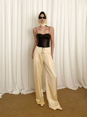 prestashop:1:4517:22267 | Light Yellow Low-Rise Wide-Leg Tailored Satin Pants