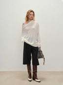prestashop:1:4687:22685 | Ivory Off-Shoulder Loose Knit Long-Sleeve Sweater