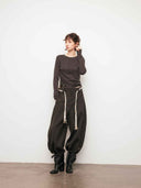 prestashop:1:4797:23234 | Brown Asymmetric Tie Beaded Long Sleeve Top