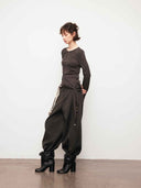 prestashop:1:4797:23235 | Brown Asymmetric Tie Beaded Long Sleeve Top